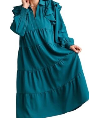 Umgee Teal Ruffle Tiered Maxi Dress